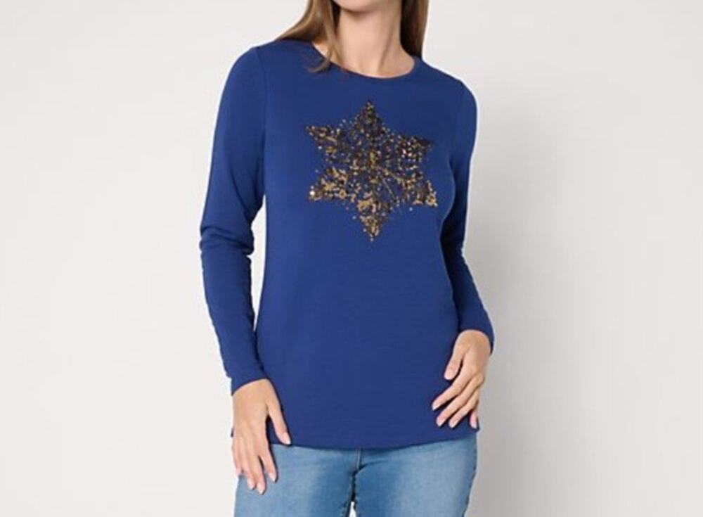 Quacker Factory Small Light Navy Sequin Snowflake Top A708248 NWOT